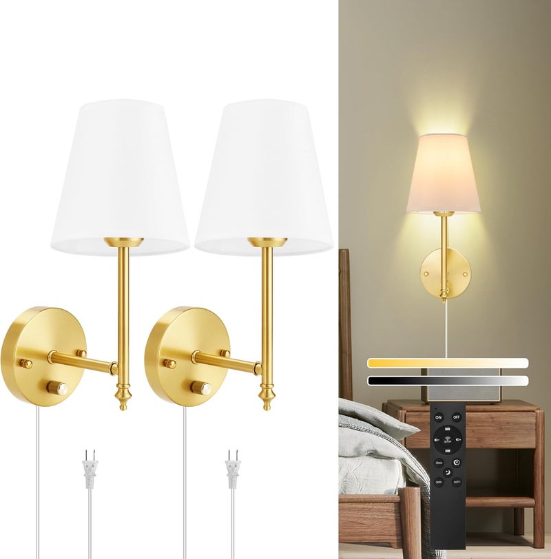 GOODATE Wall Sconces Set of Two with Remote Control, Dimmable, Adjustable Colors 2700-6500K, Plug in Wall Sconces with White Fabric Shades, Plug in Wall Light, Gold - Image 1